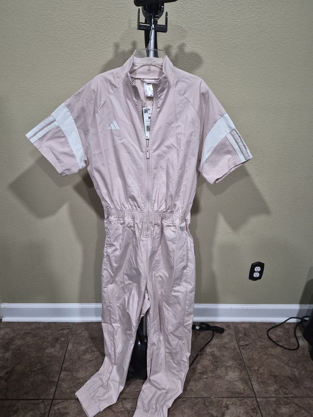 Adidas Women's Beige/White Short-Sleeve Tiro Jumpsuit Size M